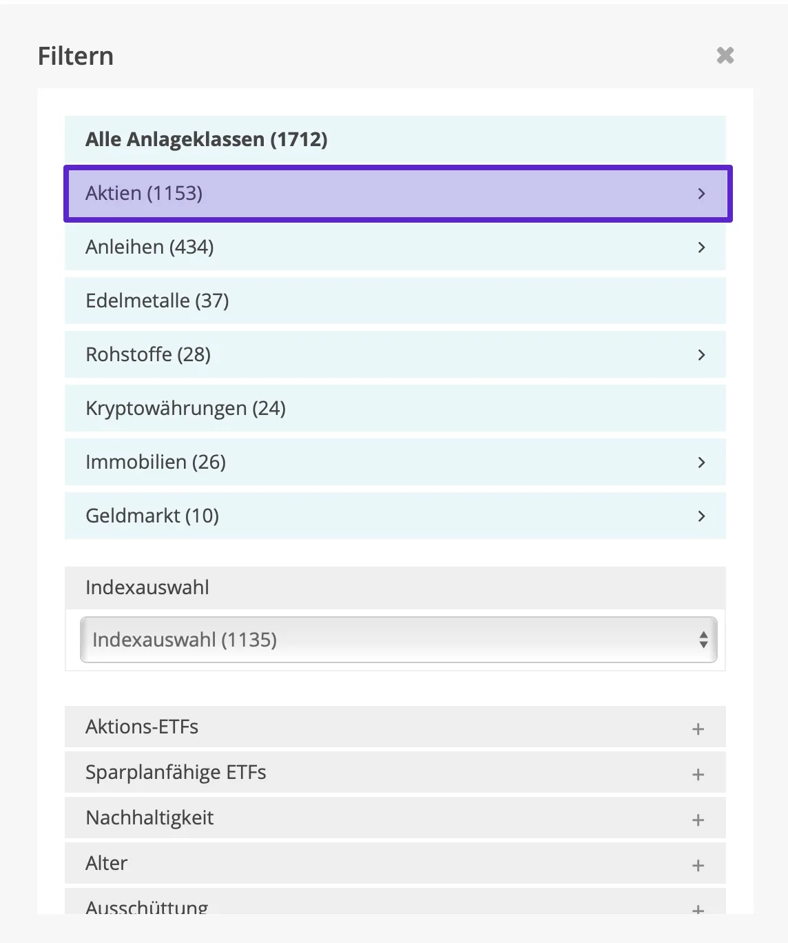 Anlageklasse AKTIEN auswählen